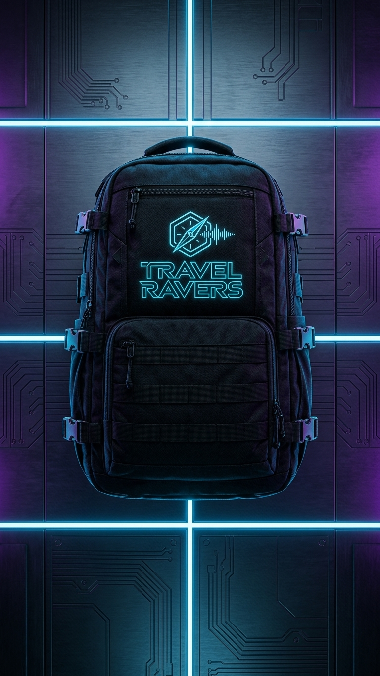 Travel Ravers backpack against cyan neon wall