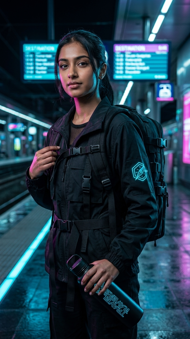 Travel Ravers model with branded bottle in station lighting