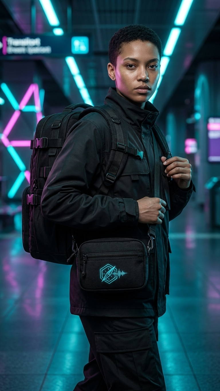 Travel Ravers model with backpack and pouch in neon walkway
