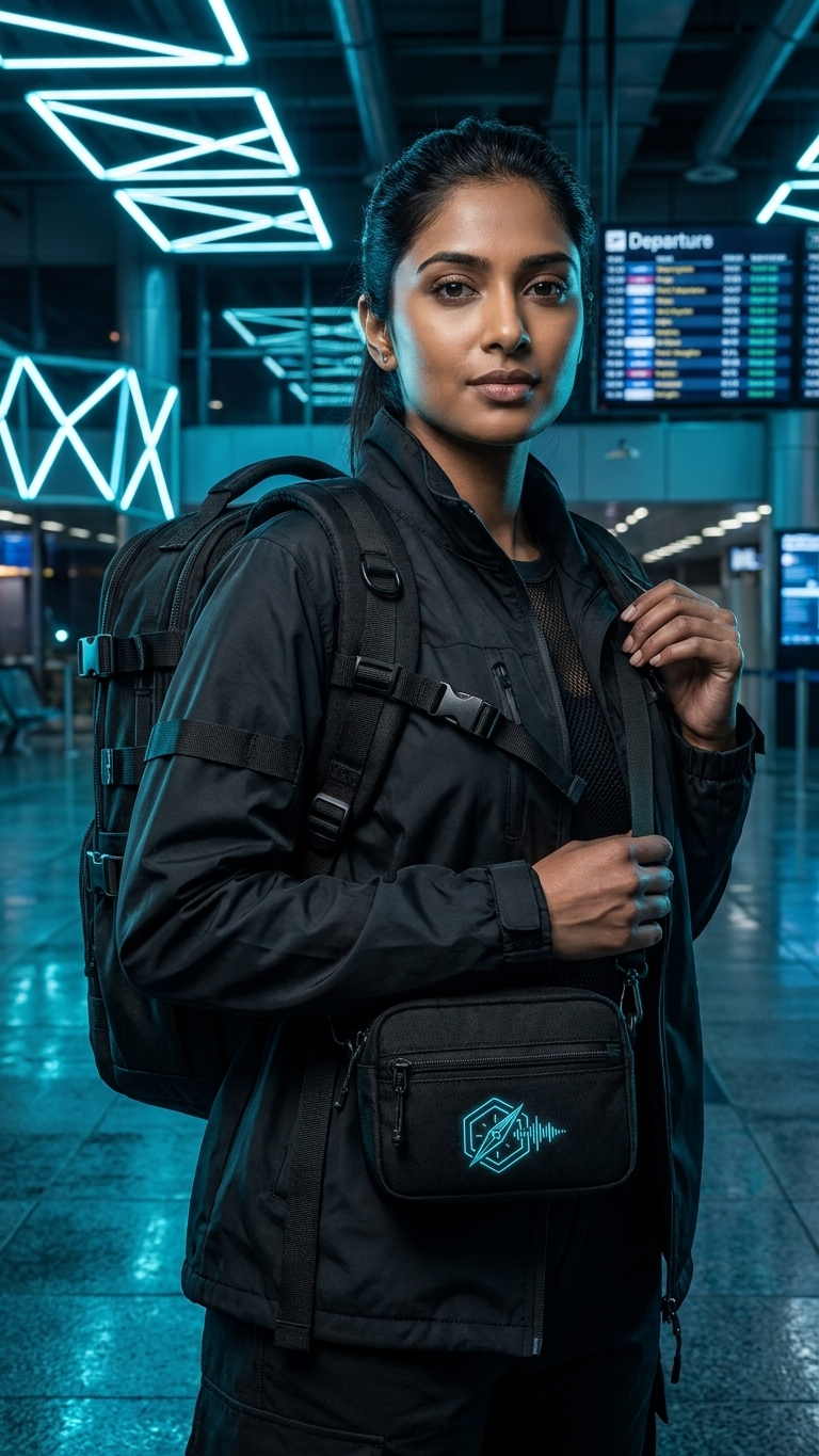 Travel Ravers model wearing crossbody pouch in neon station lighting
